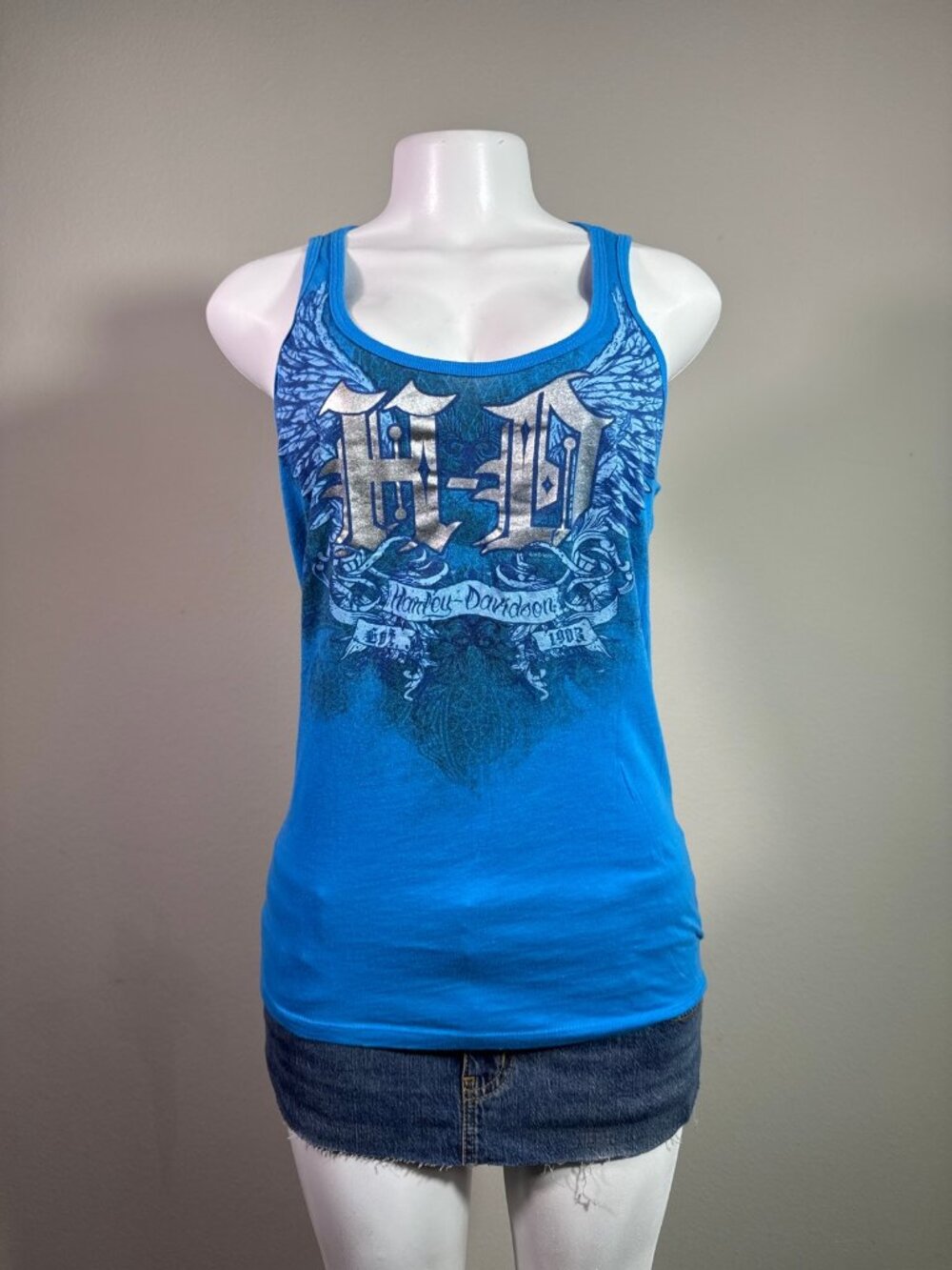 Harley-Davidson tank top blue metallic graphic sleeveless scoop neck